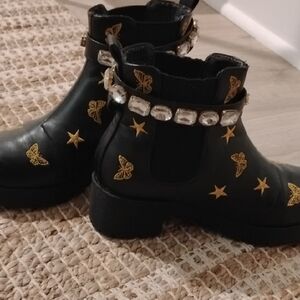Black Ankle Boots with Gold Stars and Butterflies